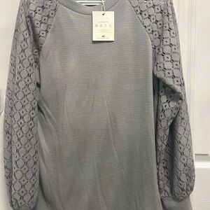 Elegant Gray Sweater with Lace Sleeves